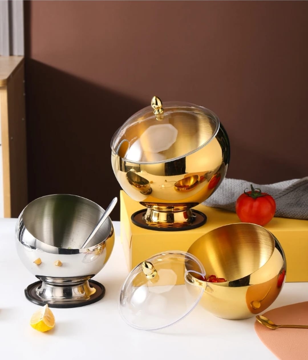 Gold and Silver Stainless Steel Spherical Serving Bowls with Lid